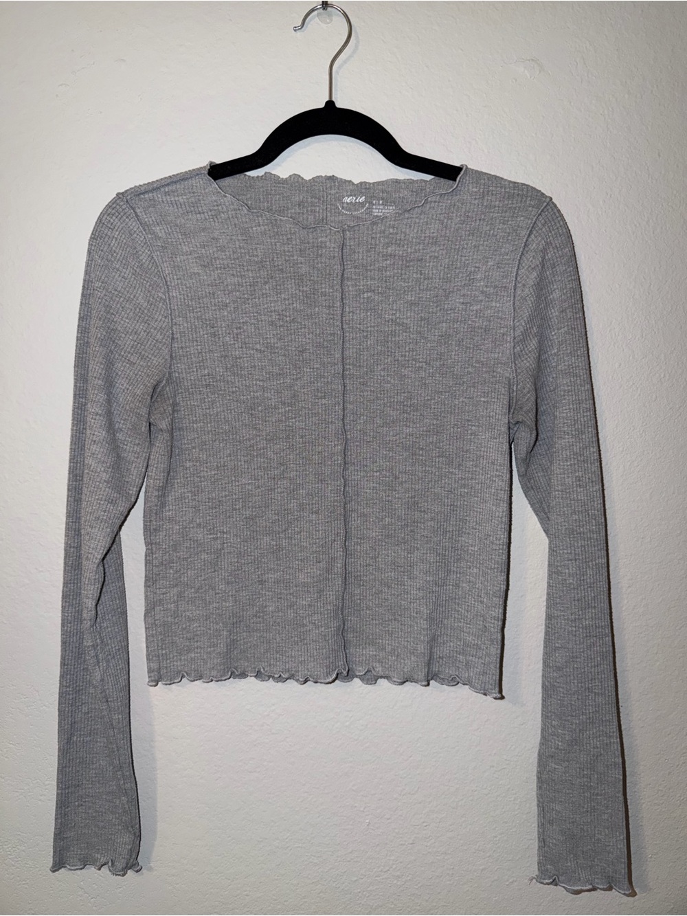 Aerie Gray Ribbed Long Sleeve Lettuce Hem Top Medium